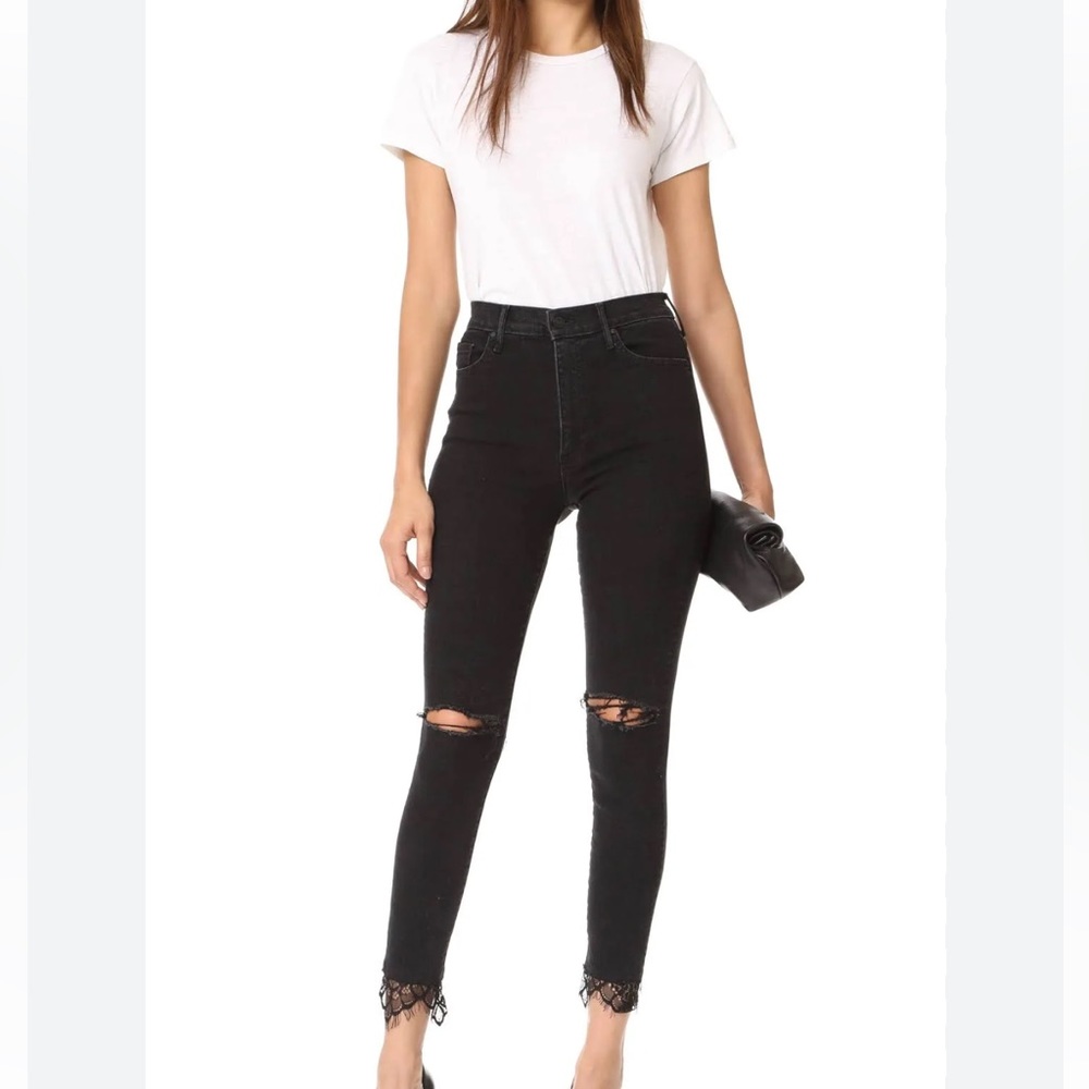 Mother Size 24 The Swooner Dagger High-Rise Ankle Fray Lace Hem Jeans